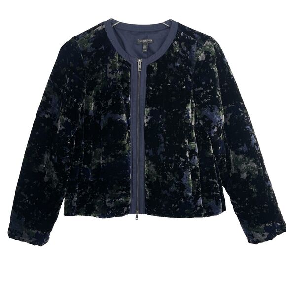 Eileen Fisher Printed Velvet Jacket Round Neck Zip Front Petite Small Blue Black - Picture 1 of 12